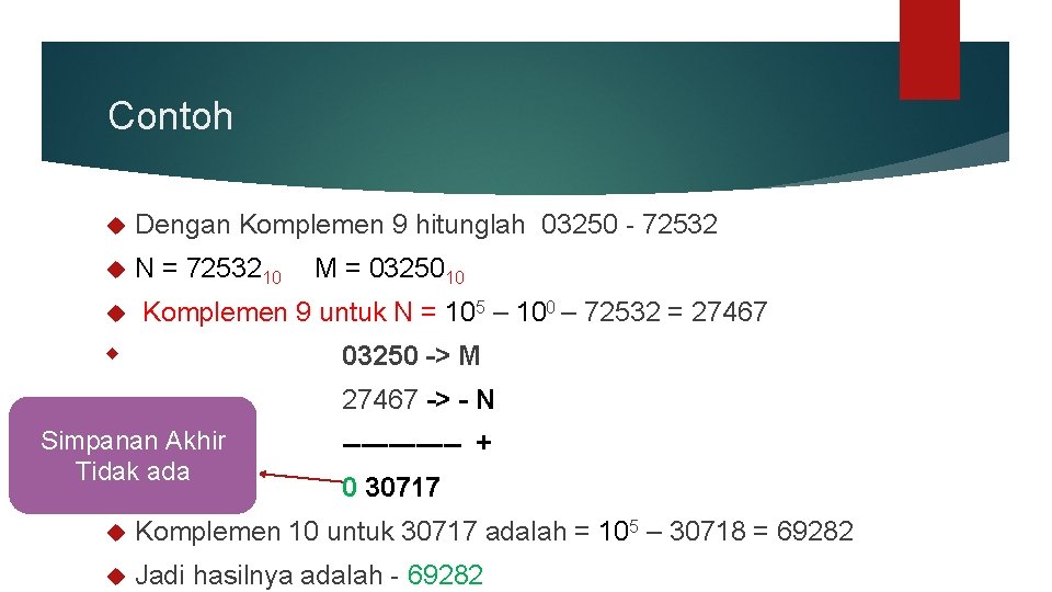 Contoh Dengan Komplemen 9 hitunglah 03250 - 72532 N = 7253210 M = 0325010