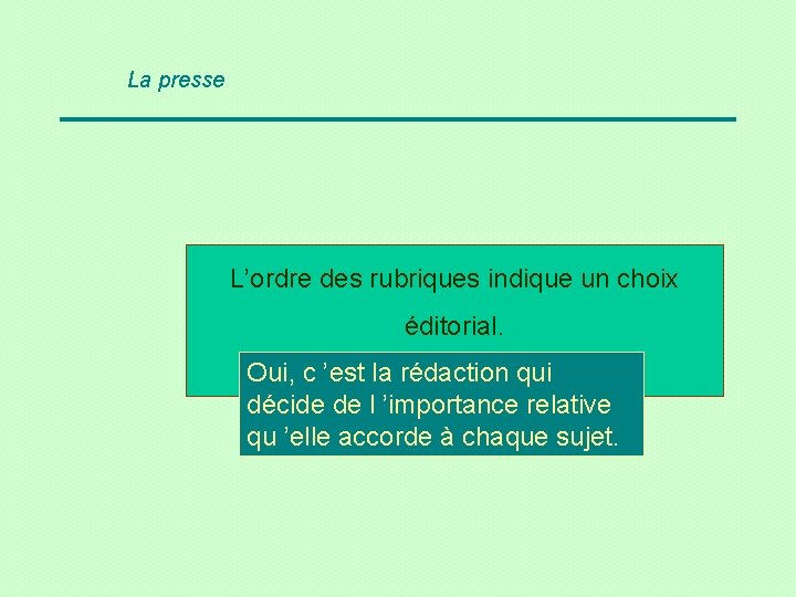 La presse L’ordre des rubriques indique un choix éditorial. Oui, c ’est la rédaction