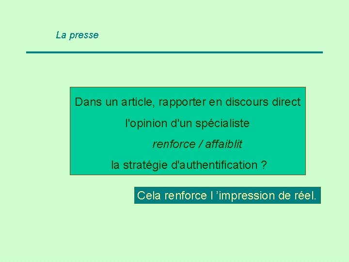 La presse Dans un article, rapporter en discours direct l'opinion d'un spécialiste renforce /