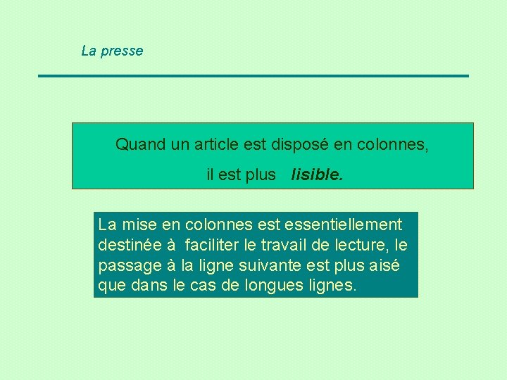 La presse Quand un article est disposé en colonnes, il est plus lisible. La