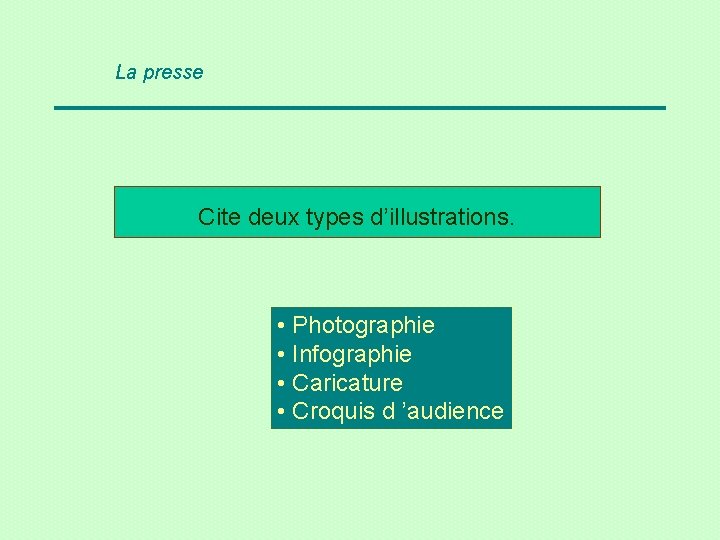 La presse Cite deux types d’illustrations. • Photographie • Infographie • Caricature • Croquis