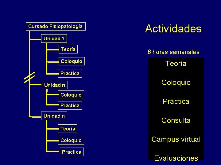 12 Cursado Fisiopatología Actividades Unidad 1 Teoría Coloquio 6 horas semanales Teoría Practica Unidad