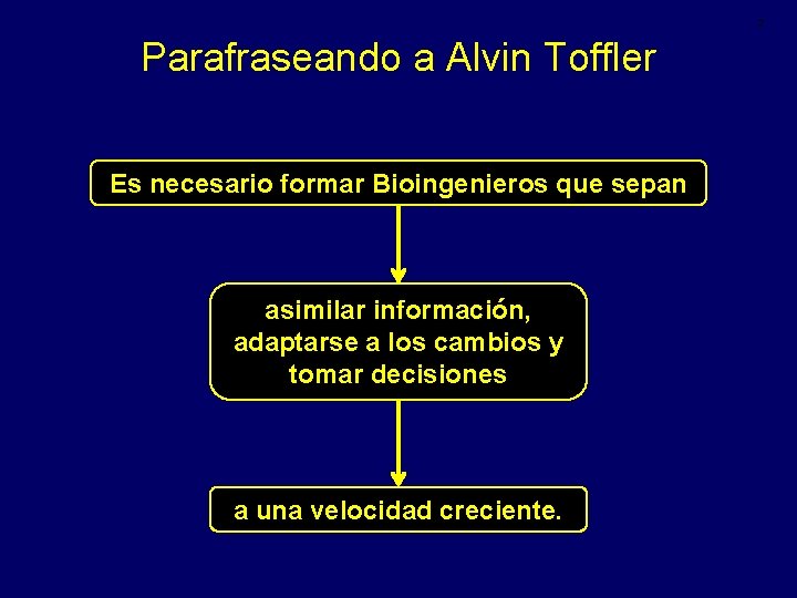 7 Parafraseando a Alvin Toffler Es necesario formar Bioingenieros que sepan asimilar información, adaptarse