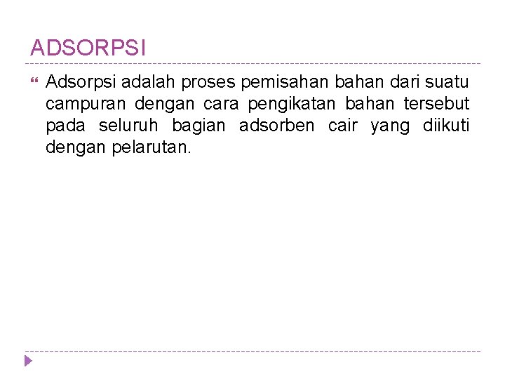 ADSORPSI Adsorpsi adalah proses pemisahan bahan dari suatu campuran dengan cara pengikatan bahan tersebut