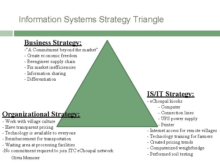 Information Systems Strategy Triangle Business Strategy: -“A Commitment beyond the market” - Create economic