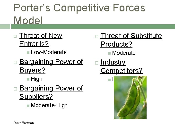 Porter’s Competitive Forces Model Threat of New Entrants? Low-Moderate Bargaining Power of Buyers? High