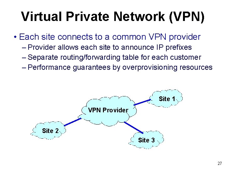 Virtual Private Network (VPN) • Each site connects to a common VPN provider –