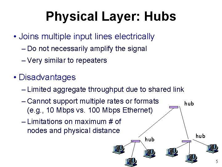 Physical Layer: Hubs • Joins multiple input lines electrically – Do not necessarily amplify