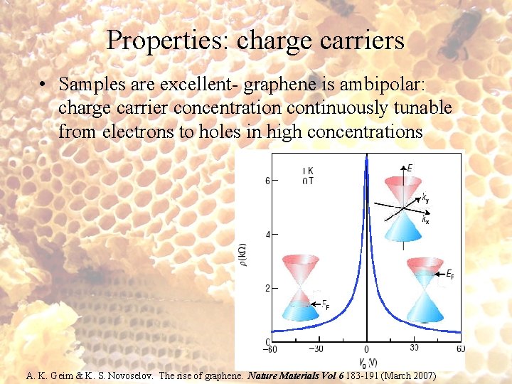 Properties: charge carriers • Samples are excellent- graphene is ambipolar: charge carrier concentration continuously