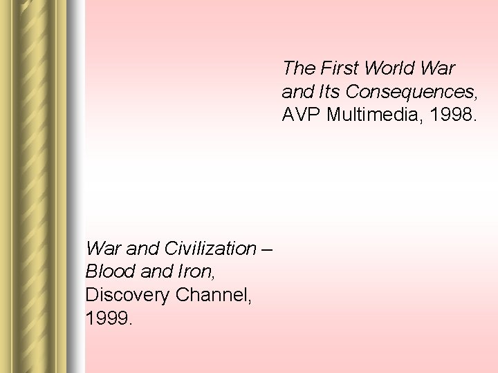 The First World War and Its Consequences, AVP Multimedia, 1998. War and Civilization –
