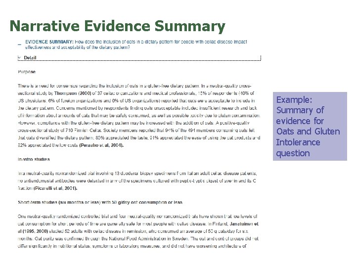 Narrative Evidence Summary Example: Summary of evidence for Oats and Gluten Intolerance question 