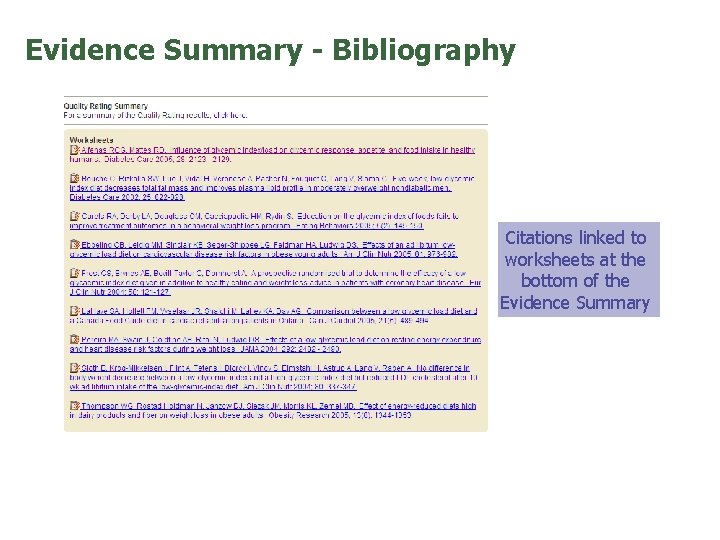 Evidence Summary - Bibliography Citations linked to worksheets at the bottom of the Evidence