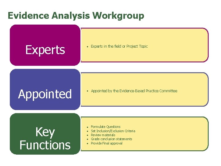 Evidence Analysis Workgroup Experts Appointed Key Functions • Experts in the field or Project