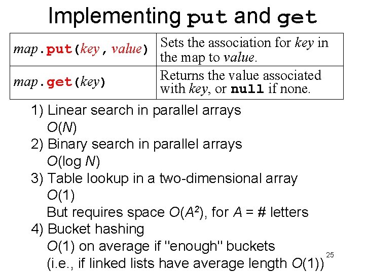 Implementing put and get map. put(key, value) Sets the association for key in the