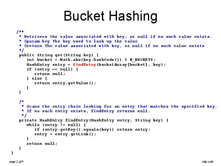 Bucket Hashing /** * Retrieves the value associated with key, or null if no