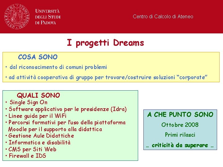 Centro di Calcolo di Ateneo I progetti Dreams COSA SONO • dal riconoscimento di