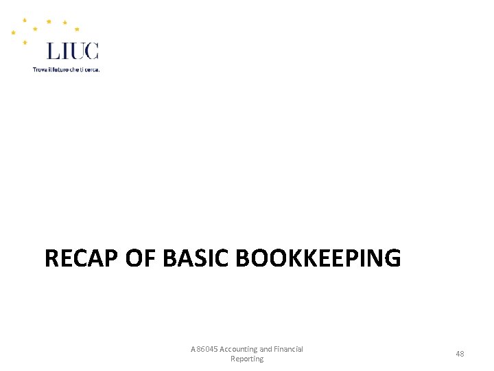 RECAP OF BASIC BOOKKEEPING A 86045 Accounting and Financial Reporting 48 