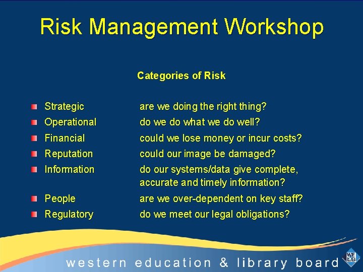 Risk Management Workshop Categories of Risk Strategic are we doing the right thing? Operational