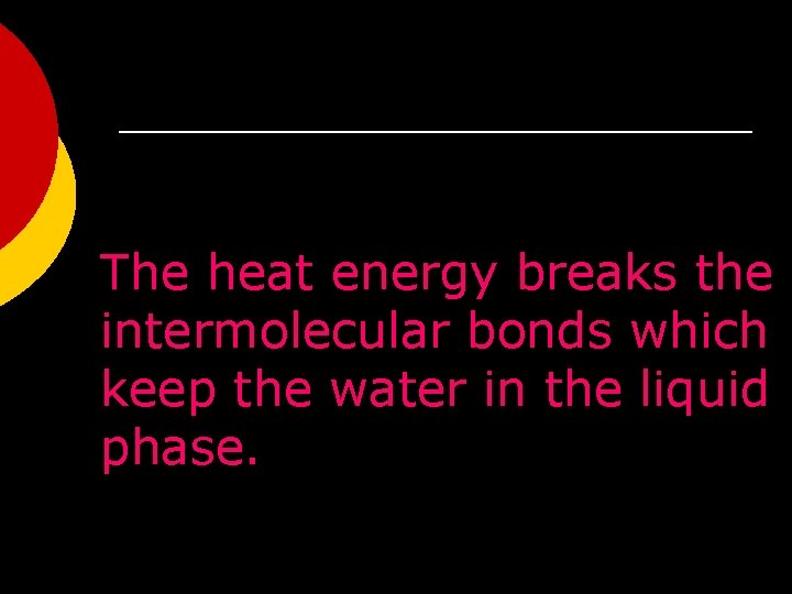 The heat energy breaks the intermolecular bonds which keep the water in the liquid