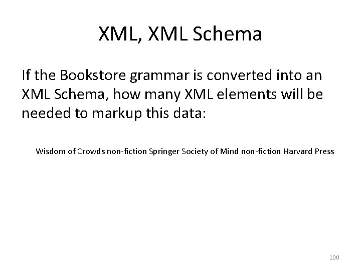 XML, XML Schema If the Bookstore grammar is converted into an XML Schema, how