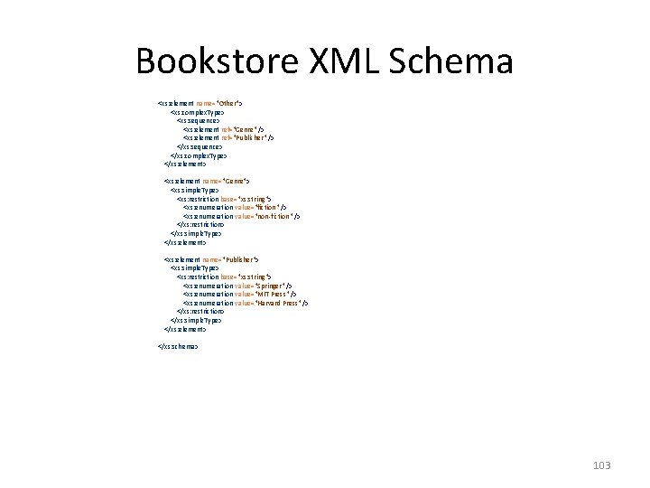 Bookstore XML Schema <xs: element name="Other"> <xs: complex. Type> <xs: sequence> <xs: element ref="Genre"
