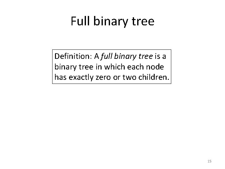 Full binary tree Definition: A full binary tree is a binary tree in which