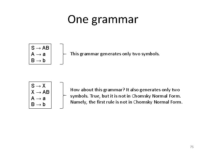 One grammar S → AB A→a B→b This grammar generates only two symbols. S