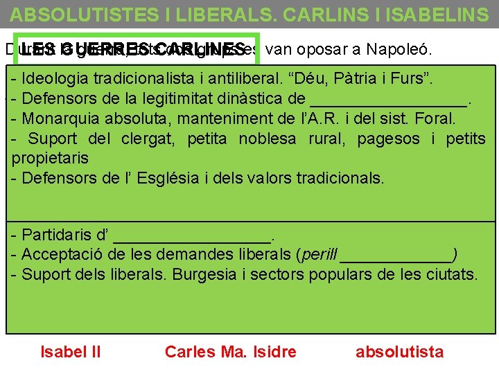 ABSOLUTISTES I LIBERALS. CARLINS I ISABELINS Durant guerra, tots. CARLINES dos grups es van