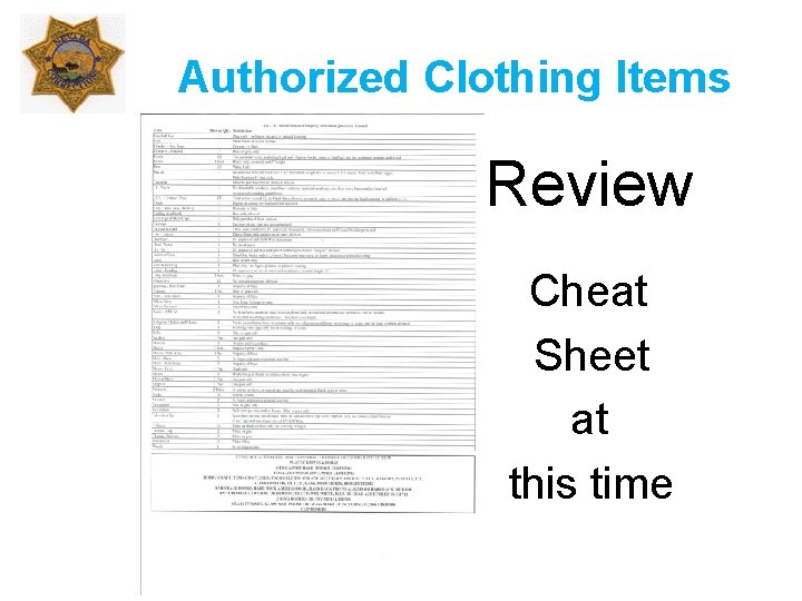 Authorized Clothing Items Review » » » Cheat Sheet at this time 