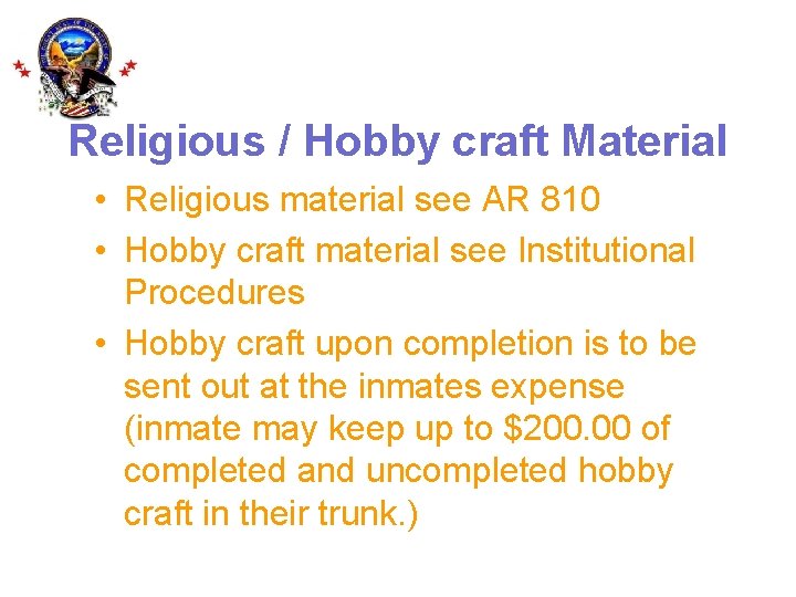 Religious / Hobby craft Material • Religious material see AR 810 • Hobby craft