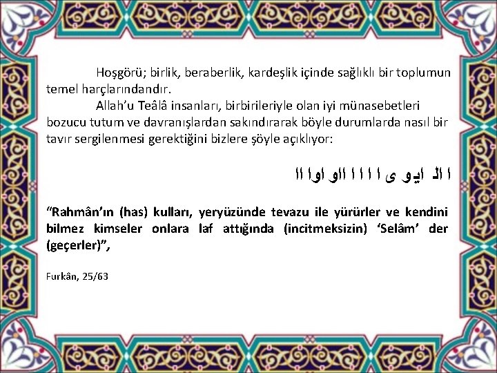 Hoşgörü; birlik, beraberlik, kardeşlik içinde sağlıklı bir toplumun temel harçlarındandır. Allah’u Teâlâ insanları, birbirileriyle
