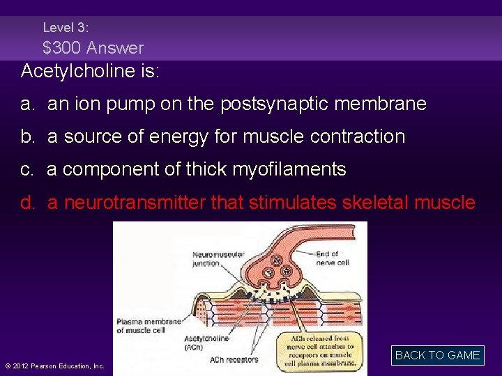 Level 3: $300 Answer Acetylcholine is: a. an ion pump on the postsynaptic membrane