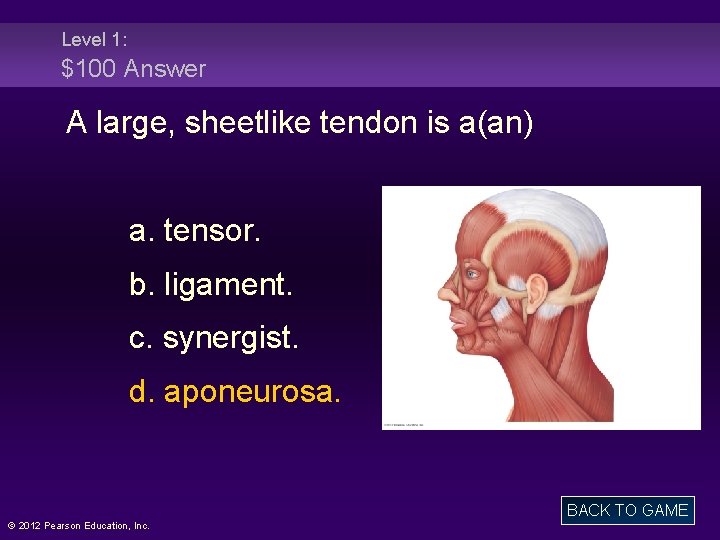 Level 1: $100 Answer A large, sheetlike tendon is a(an) a. tensor. b. ligament.