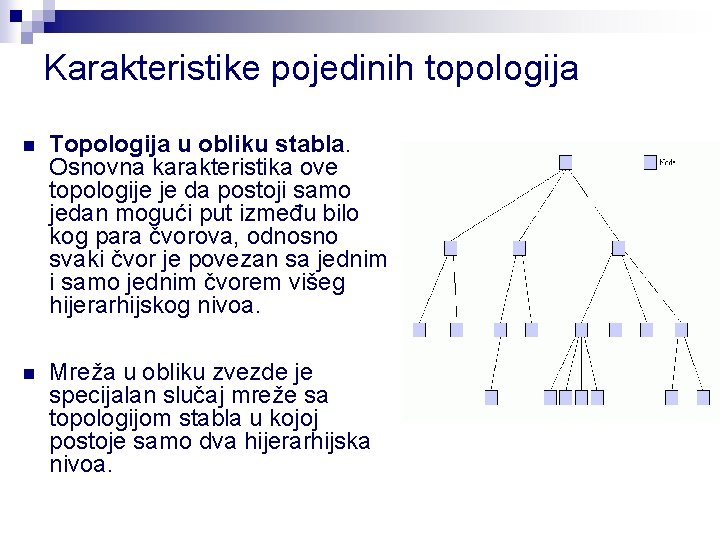 Karakteristike pojedinih topologija n Topologija u obliku stabla. Osnovna karakteristika ove topologije je da