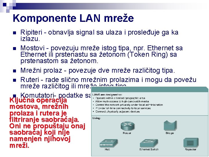 Komponente LAN mreže Ripiteri - obnavlja signal sa ulaza i prosleđuje ga ka izlazu.