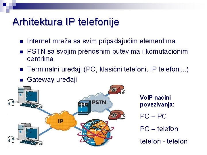 Arhitektura IP telefonije n Internet mreža sa svim pripadajućim elementima n PSTN sa svojim