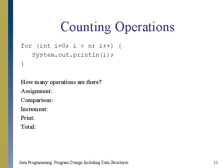 Counting Operations for (int i=0; i < n; i++) { System. out. println(i); }