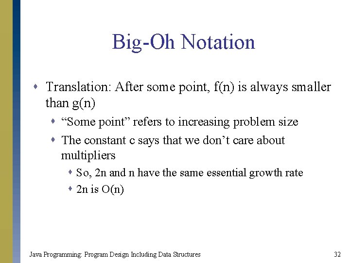 Big-Oh Notation s Translation: After some point, f(n) is always smaller than g(n) s