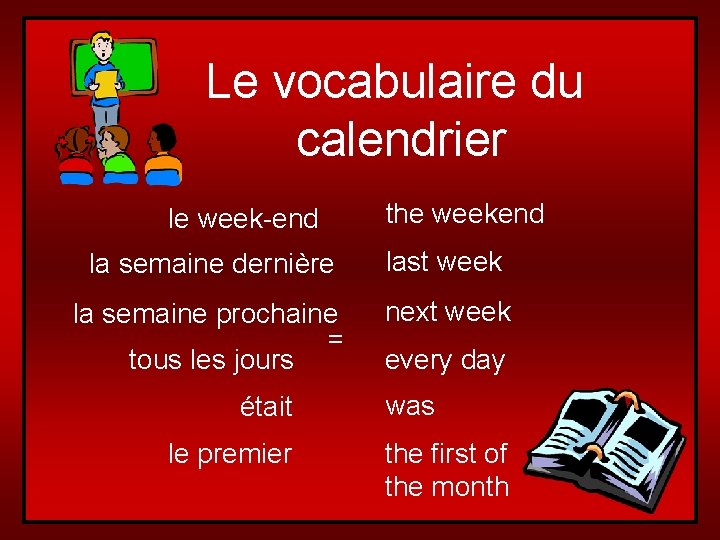 Le vocabulaire du calendrier le week-end the weekend la semaine dernière last week la