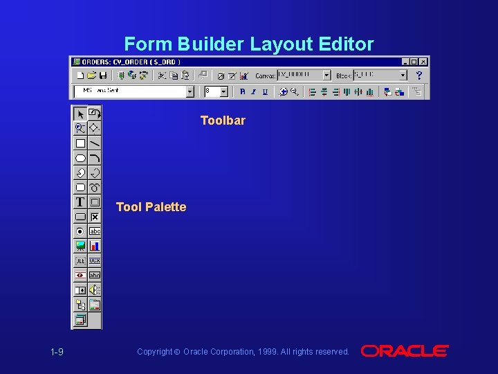 Form Builder Layout Editor Toolbar Tool Palette 1 -9 Copyright Ó Oracle Corporation, 1999.