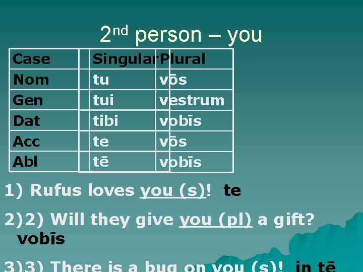 2 nd person – you Case Nom Gen Dat Acc Abl Singular Plural tu