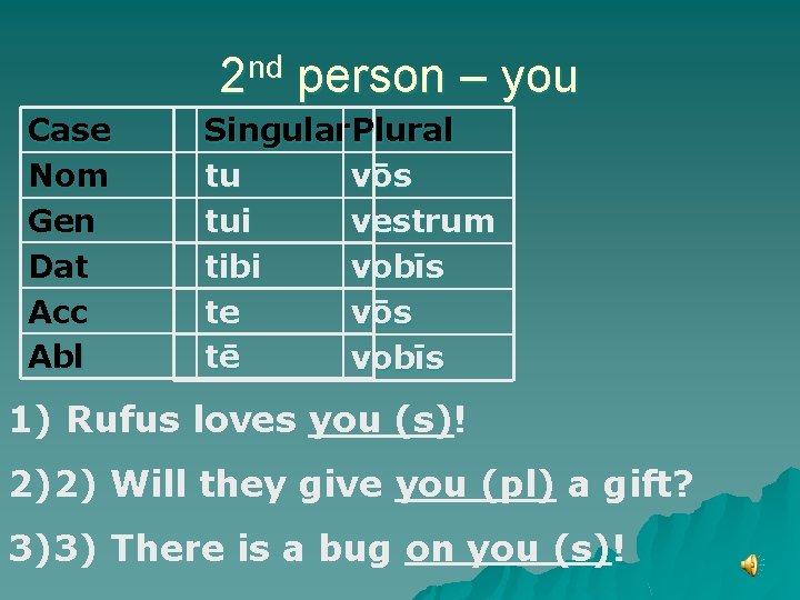 2 nd person – you Case Nom Gen Dat Acc Abl Singular Plural tu