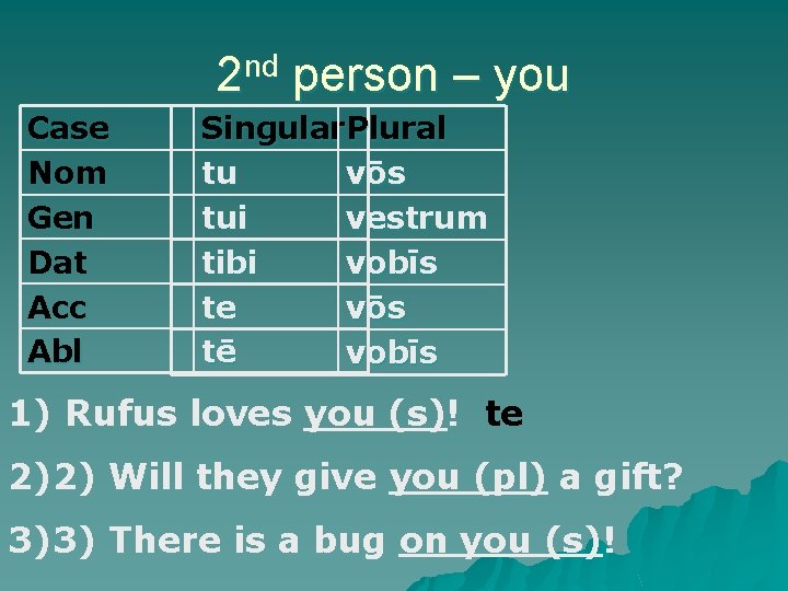 2 nd person – you Case Nom Gen Dat Acc Abl Singular Plural tu