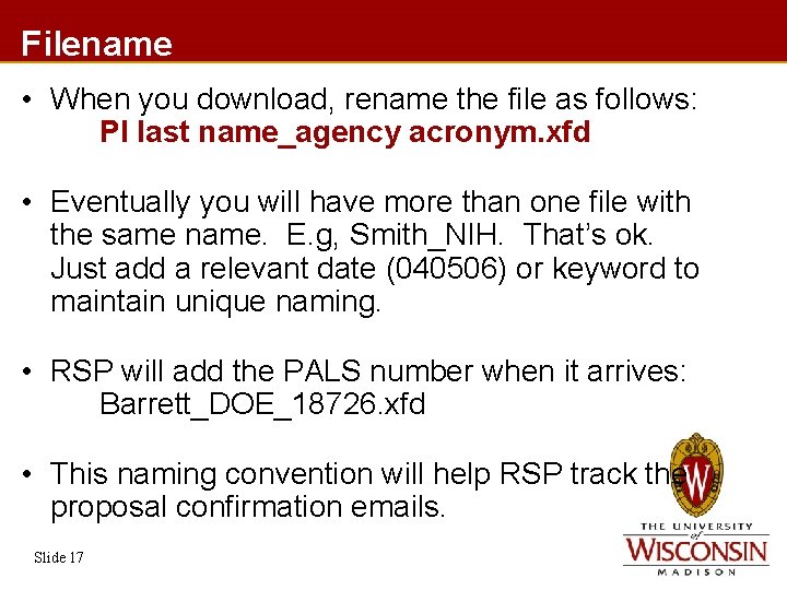 Filename • When you download, rename the file as follows: PI last name_agency acronym.