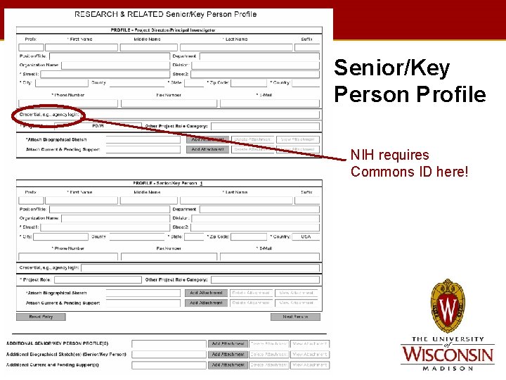 Senior/Key Person Profile NIH requires Commons ID here! Slide 45 