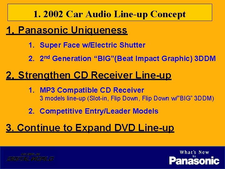 1. 2002 Car Audio Line-up Concept 1．Panasonic Uniqueness 1. Super Face w/Electric Shutter 2.