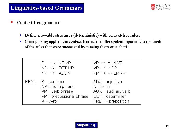 Linguistics-based Grammars § Context-free grammar § Define allowable structures (deterministic) with context-free rules. §