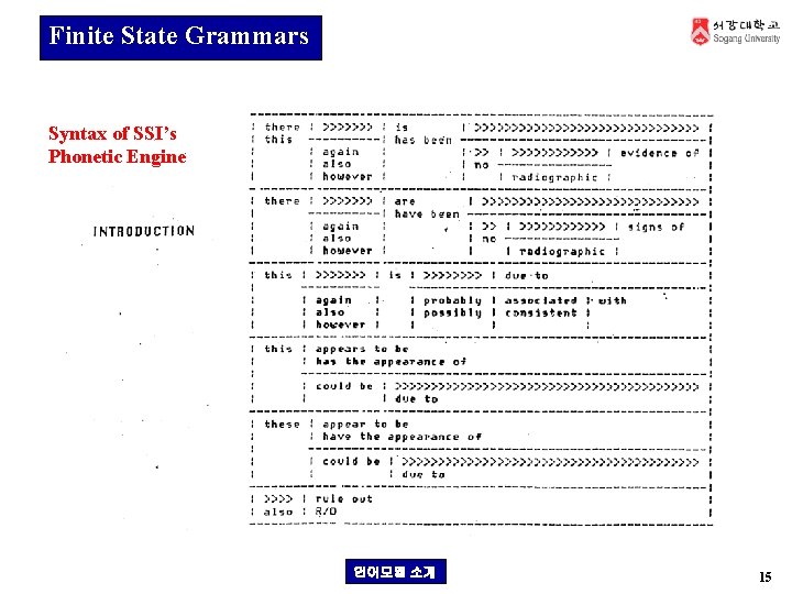 Finite State Grammars Syntax of SSI’s Phonetic Engine 언어모델 소개 15 