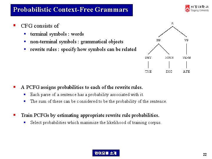 Probabilistic Context-Free Grammars § CFG consists of § terminal symbols : words § non-terminal