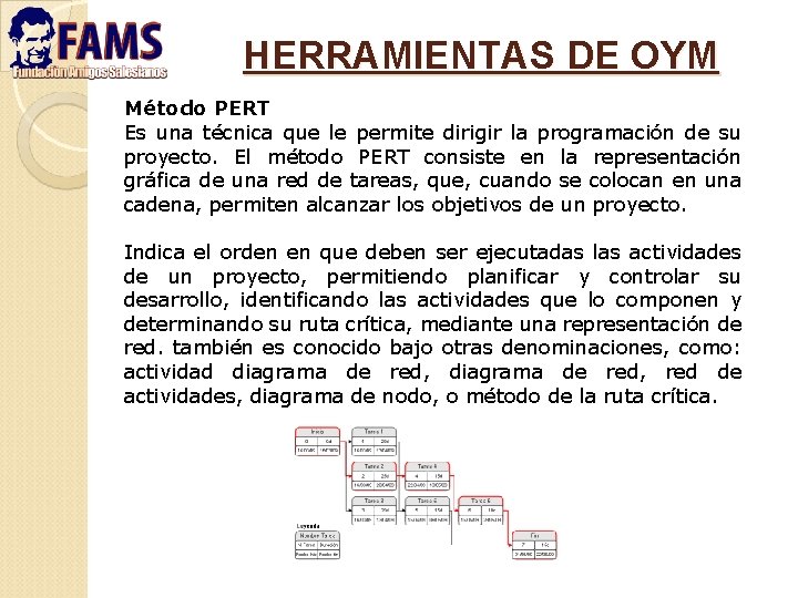 HERRAMIENTAS DE OYM Método PERT Es una técnica que le permite dirigir la programación